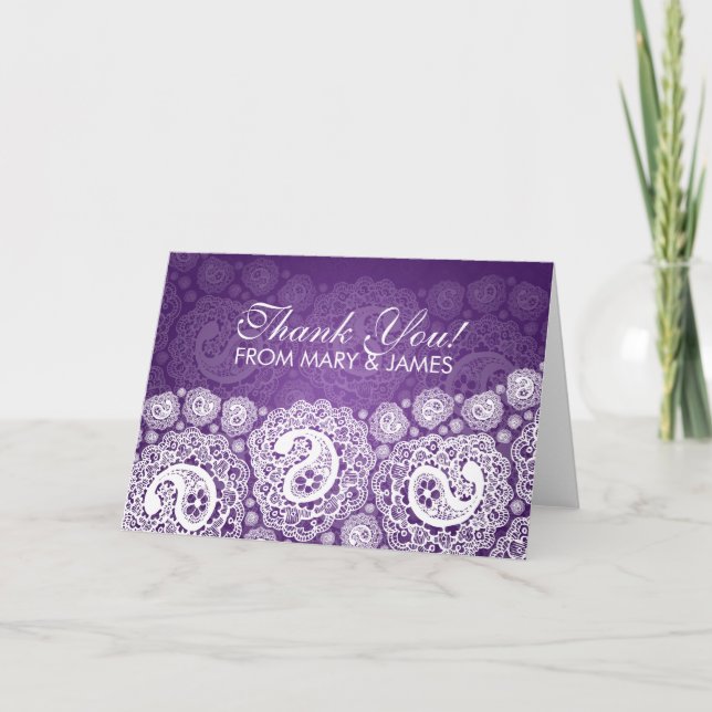 Cartão De Agradecimento Casamento Elegante "Obrigado" Paisley Lace Roxo (Frente)
