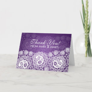 Cartão De Agradecimento Casamento Elegante "Obrigado" Renda Paisley Roxo