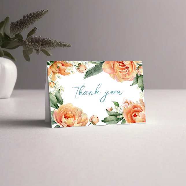 Cartão De Agradecimento Casamento Elegante Peach Floral (Peach floral thank you card. )