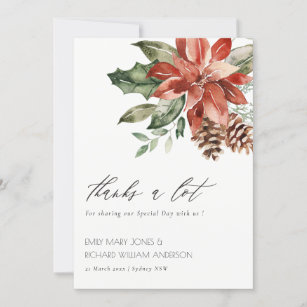 Cartão De Agradecimento Casamento Elegante Poinsettia Pine Cone Watercolor