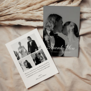 Cartão De Agradecimento Casamento Elegante Preto e Branco com 4 Fotos e Le