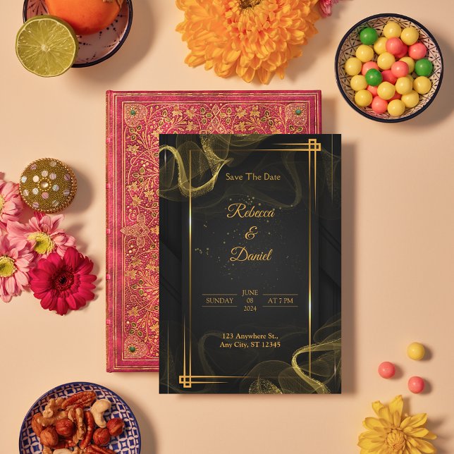 Cartão De Agradecimento Casamento Elegante Preto e Dourado Moderno Salve a (Modern Black and Gold wedding Save the dates)