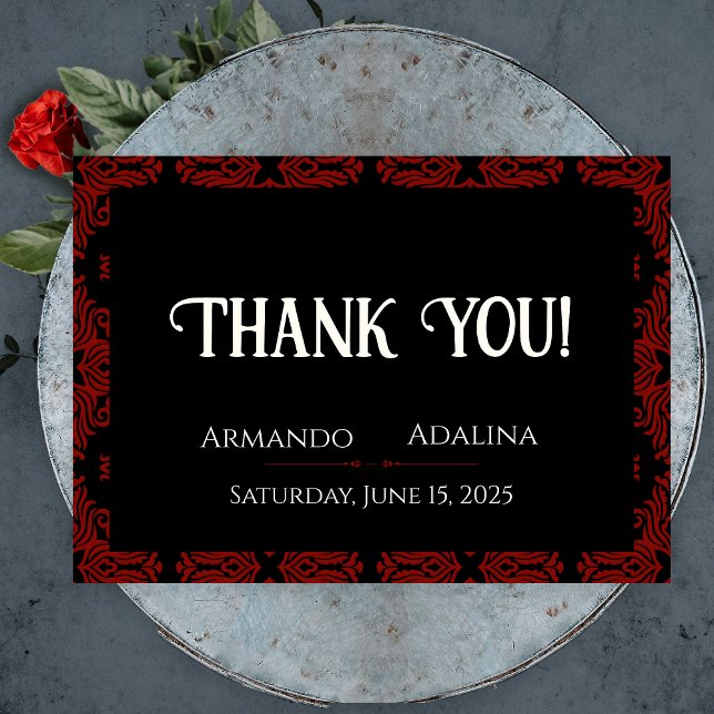 Cartão De Agradecimento Casamento Elegante Preto e Vermelho Floral Gótico  (Black and Red Floral Gothic Dark Elegant Wedding Thank You Card)