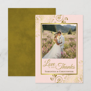 Cartão De Agradecimento Casamento Elegante Rosa Bege & Dourado Amor e Grat