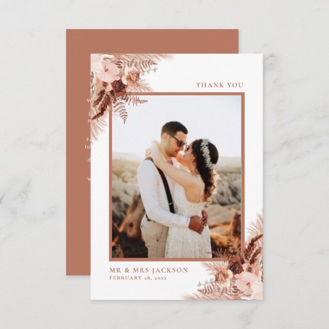 Cartão De Agradecimento Casamento Elegante Rustic Terracotta Pampas Grass (Frente/Verso)