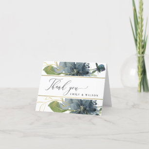 Cartão De Agradecimento CASAMENTO EM Aquarela Floral Azul Escuro Dourado V