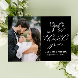 Cartão De Agradecimento Casamento em Foto Preto e Branco com Laço Elegante