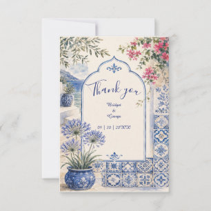 Cartão De Agradecimento Casamento em Santorini Floral Azul Água-marinha