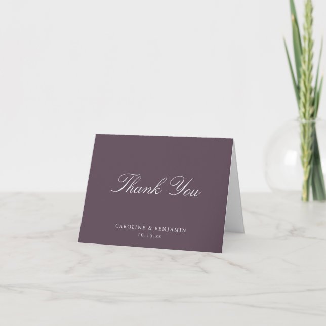 Cartão De Agradecimento Casamento em Script Clássico Elegante Dobre Roxo E (Frente)