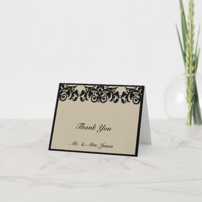 Cartão De Agradecimento Casamento Embarcado Floral Negro e Creme Obrigado (Frente)