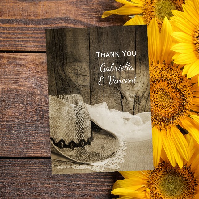 Cartão De Agradecimento Casamento entre Cowboy Hat e Barn Wood Ocidental O (Criador carregado)