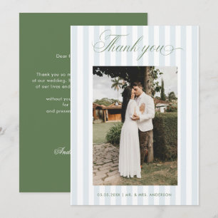 Cartão De Agradecimento Casamento Escrito em Verde Sage Listras Azuis Atem