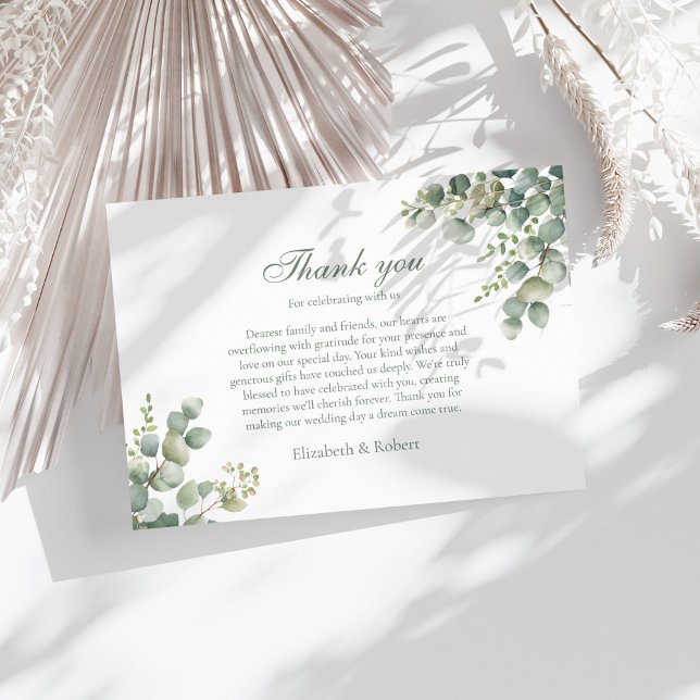 Cartão De Agradecimento Casamento Eucalyptus Modern Greenery (Modern Greenery Eucalyptus Wedding Thank You Card on a sunny white table with neutral boho decor.)