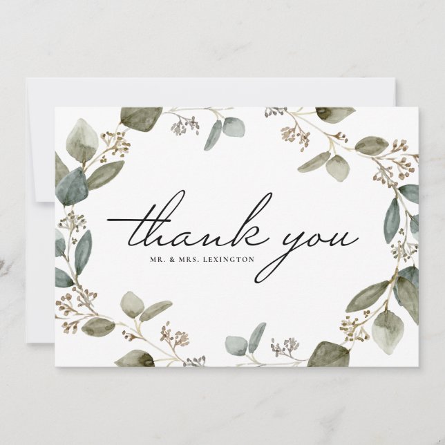Cartão De Agradecimento Casamento Eucalyptus Wreath com Semente de Água (Frente)