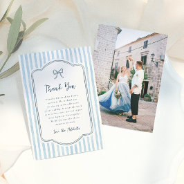 Cartão De Agradecimento Casamento Fantasioso Retro com Laço e Listras Azui
