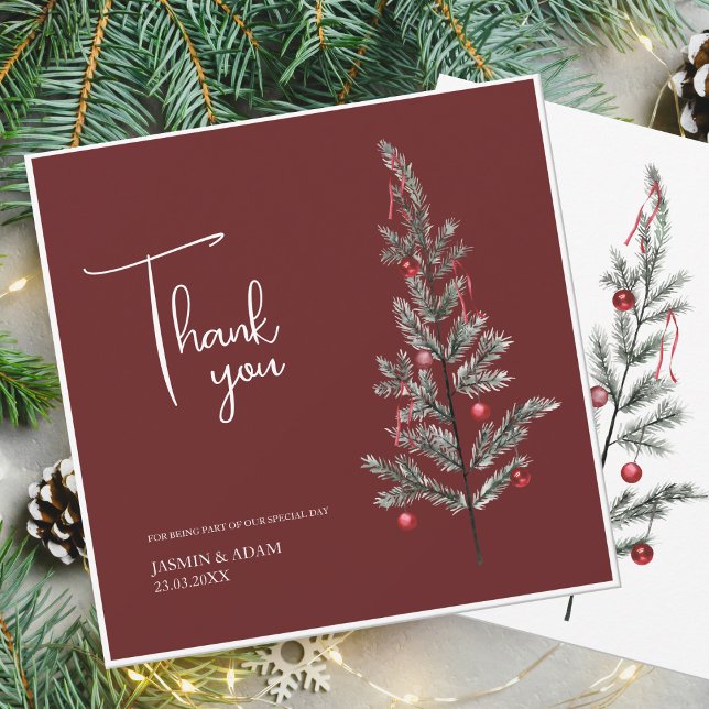Cartão De Agradecimento Casamento Festivo Burgundy Verde de inverno (Criador carregado)