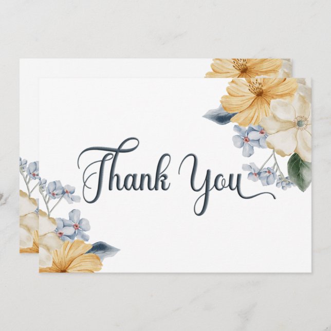Cartão De Agradecimento Casamento Floral Amarelo e Branco Azul (Frente/Verso)