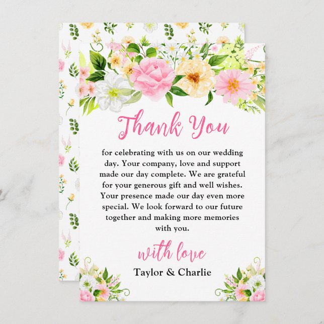 Cartão De Agradecimento Casamento Floral Amarelo-Rosa de Verão (Frente/Verso)