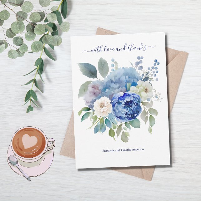 Cartão De Agradecimento Casamento Floral Aquarela Azul Branco  (Criador carregado)