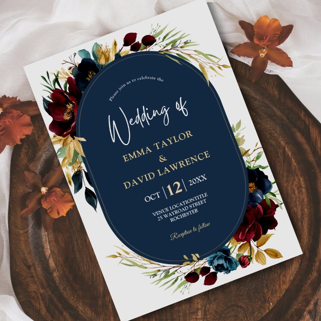 Cartão De Agradecimento Casamento floral azul-burgundy Elegante Marinho (Criador carregado)