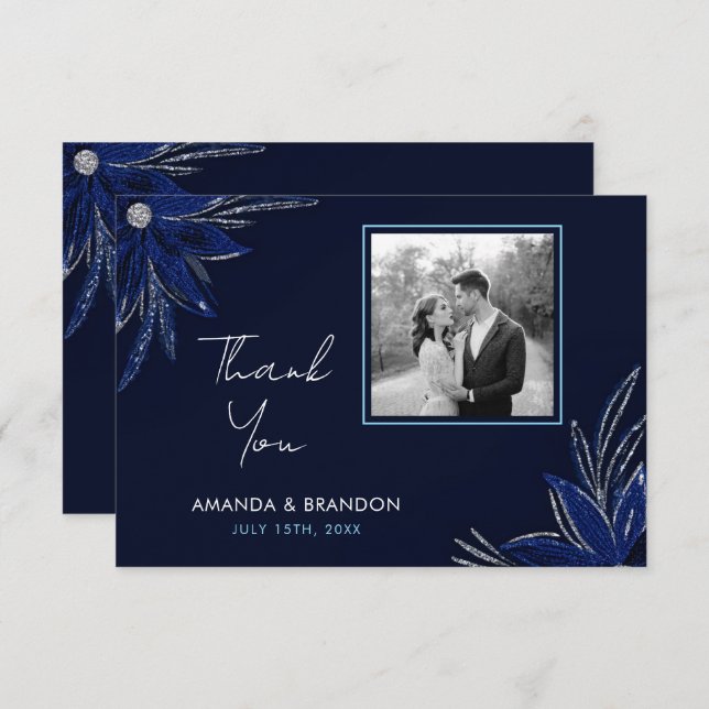 Cartão De Agradecimento Casamento Floral Azul Chic Silver e Marinho (Frente/Verso)