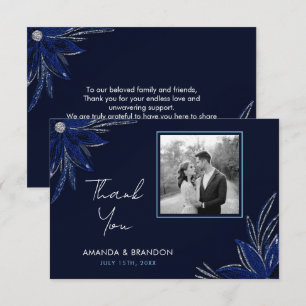 Cartão De Agradecimento Casamento Floral Azul Chic Silver e Marinho