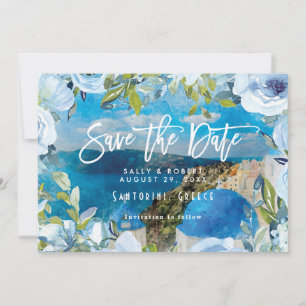 Cartão De Agradecimento Casamento floral azul de Santorini, salve o cartã