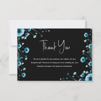 Cartão De Agradecimento Casamento Floral Azul e Preto Inspirado no Oceano