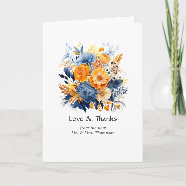Cartão De Agradecimento Casamento Floral Azul, Laranja e Amarelo (Frente)
