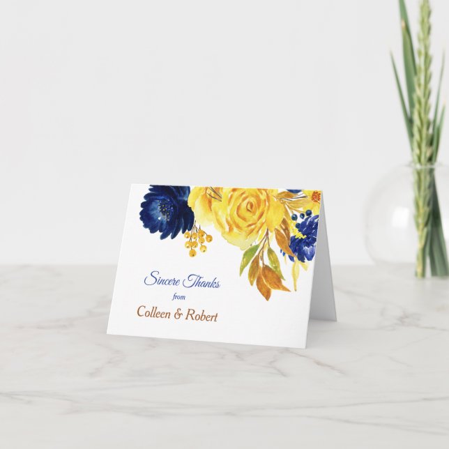Cartão De Agradecimento Casamento Floral Azul Marinho Dourado Brilhante (Frente)