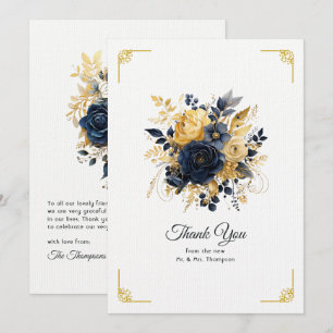 Cartão De Agradecimento Casamento Floral Azul Marinho e Dourado