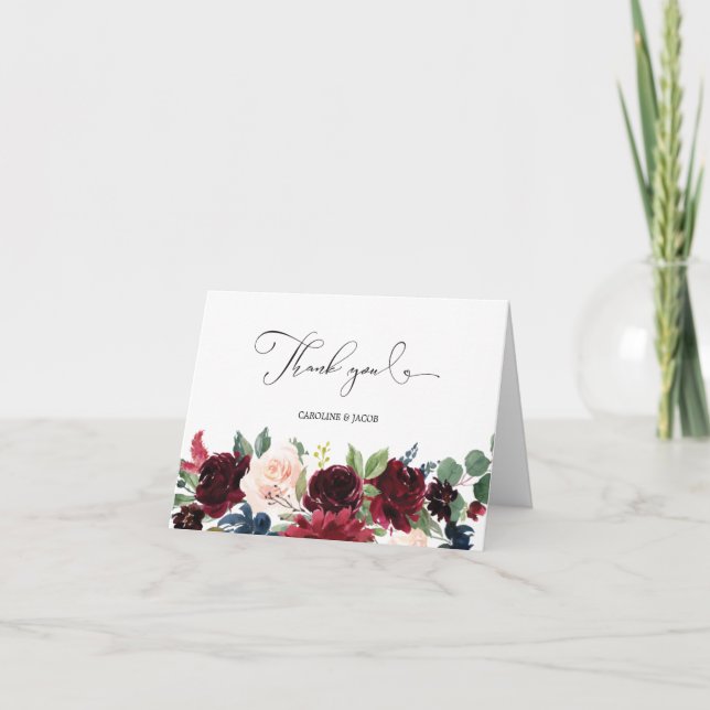 Cartão De Agradecimento Casamento Floral Azul-Marinho-Rosa-Blush Burgundy (Frente)