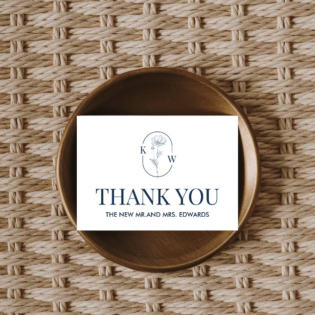 Cartão De Agradecimento Casamento Floral Azul Minimalista (Blue Minimalist Floral Wedding Thank you Card)