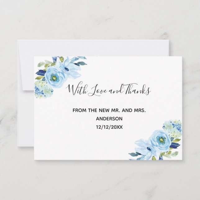 Cartão De Agradecimento Casamento Floral Azul Personalizado (Frente)