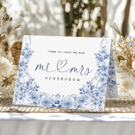 Cartão De Agradecimento Casamento Floral Azul Poeirento Sr e Sra Aquarela