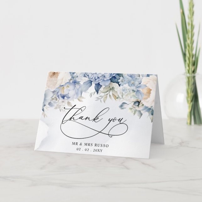 Cartão De Agradecimento Casamento Floral Azul-Posta Botânico Elegante (Frente)