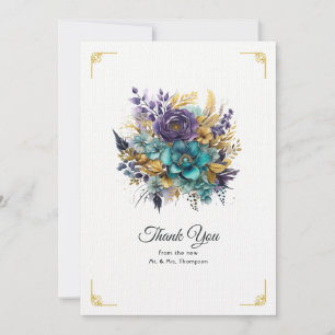 Cartão De Agradecimento Casamento Floral Azul Turquesa, Roxo e Dourado