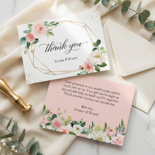Cartão De Agradecimento Casamento Floral Beije com Moldura Dourada Geométr