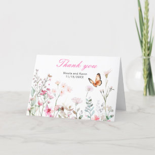 Cartão De Agradecimento Casamento Floral Borboleta Rosa Profunda Primavera