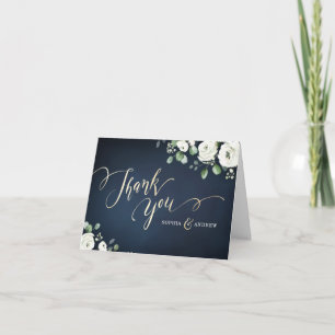 Cartão De Agradecimento Casamento floral branco azul-marinho de guião-ouro