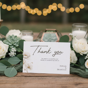 Cartão De Agradecimento Casamento Floral Branco e Dourado Elegante