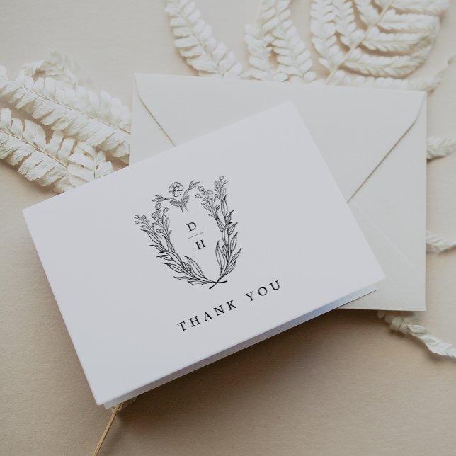 Cartão De Agradecimento Casamento Floral Branco Negro Clássico Dobrado (DAPHNE Folded Classic Black White Floral Wedding Thank You Card)