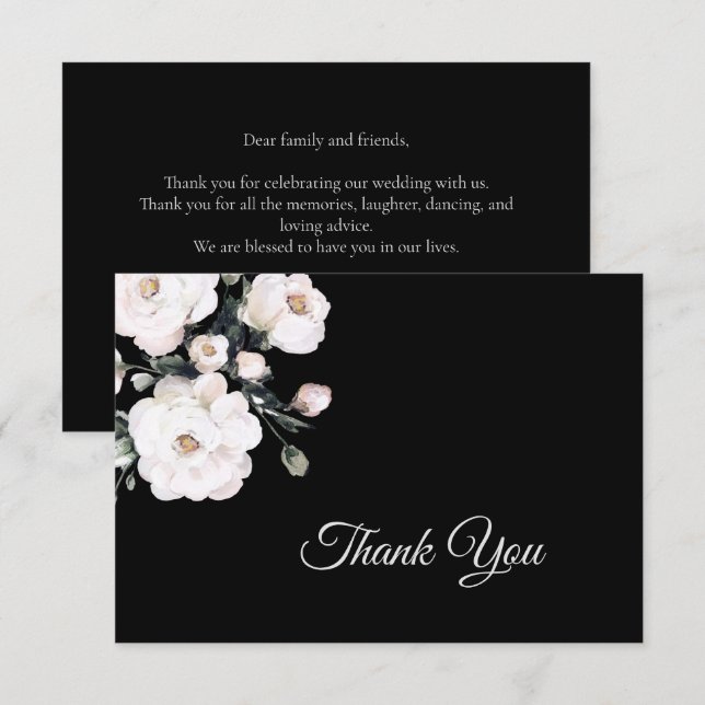 Cartão De Agradecimento Casamento Floral Branco Negro Simples Elegante (Frente/Verso)