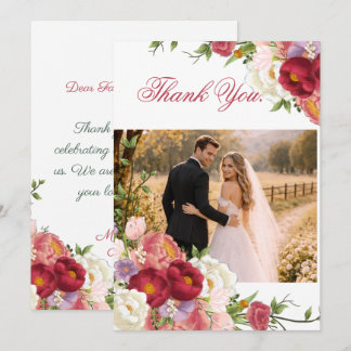 Cartão De Agradecimento Casamento Floral Burgundy e Crimson Blush Elegante