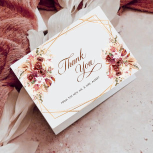 Cartão De Agradecimento Casamento Floral Burgundy Geométrico Dourado Pampa