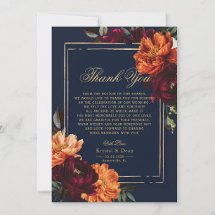 Cartão De Agradecimento Casamento Floral Burgundy Laranja Navy Sombrio