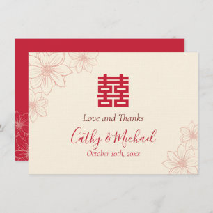 Cartão De Agradecimento Casamento floral chinês boho red e beige