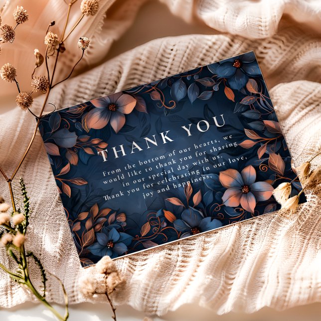 Cartão De Agradecimento Casamento Floral Cobre à Meia-Noite (Criador carregado)
