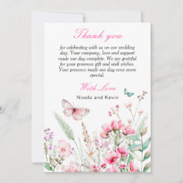 Cartão De Agradecimento Casamento Floral com Borboleta Rosa primavera