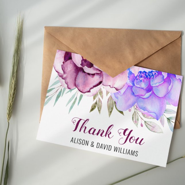 Cartão De Agradecimento Casamento floral com flores de aquarela púrpura e  (Criador carregado)